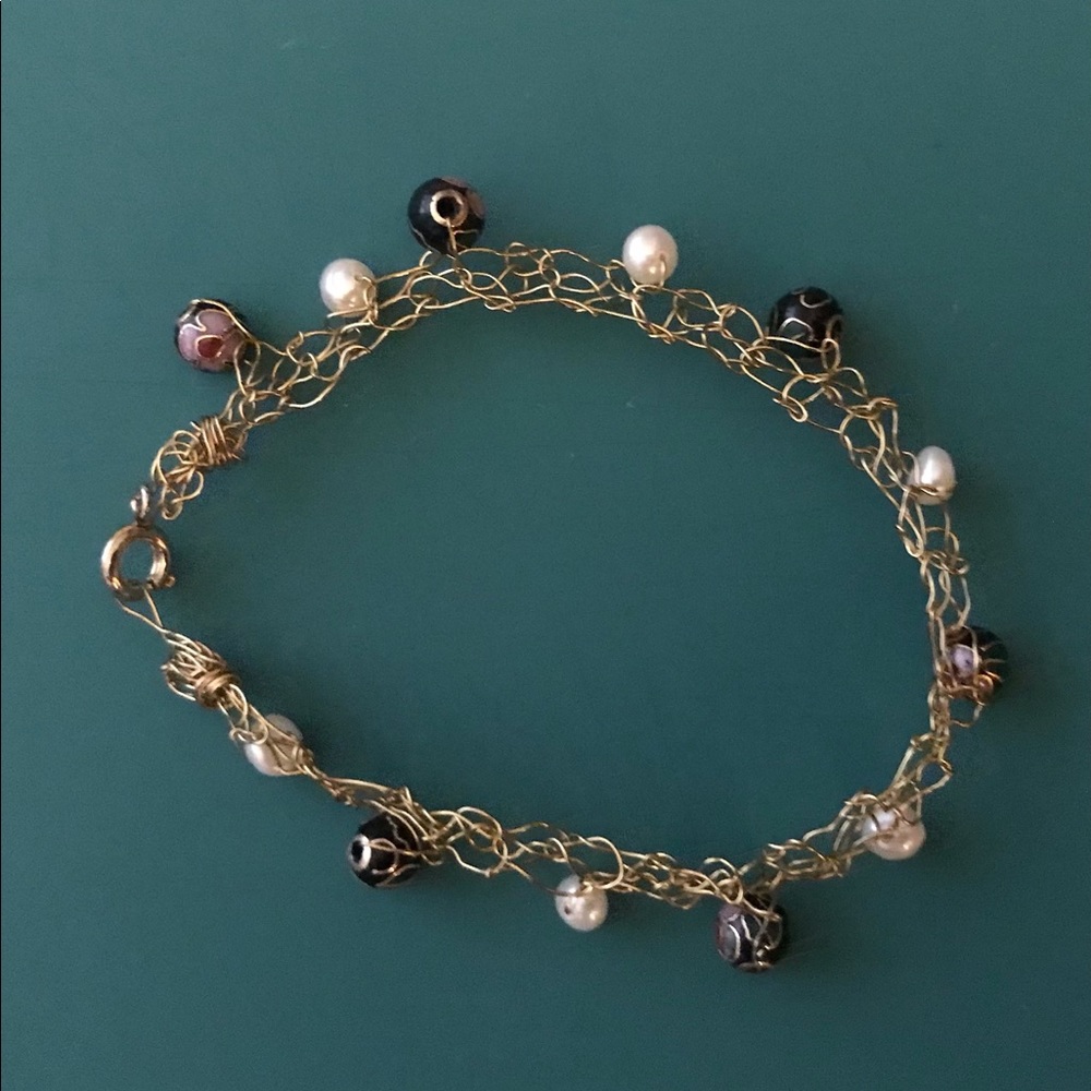 Crocheted Wire, Pearls, And  Enameled Beads Bracelet